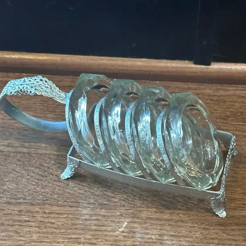 Vintage Mid Century Glass Ashtray & Caddy Set Floral-Like New